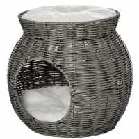 PawHut Cesta per Gatti a 2 Livelli in Rattan PE con Cuscini Lavabili in Peluche, Φ50x43.5cm(m-10)