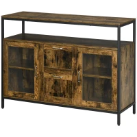 HOMCOM Aparador de Cocina Bueffet para Salón con 2 Puertas de Cristal 2 Cajones y Estantes Abiertos Armario Auxiliar de Estilo Industrial para Salón Comedor 120x40x88,5 cm Marrón Rústico(m-10)