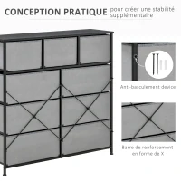 HOMCOM Commode 9 tiroirs meuble de rangement tiroir en tissu pliant - structure acier noir - 100 x 30 x 100 cm, noir et gris(m-7)