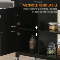 HOMCOM Carrello Cucina in Legno con Cassetto, Armadietto e 2 Ripiani Aperti, 2 Ruote con Freno, 83x45x88 cm, Nero(m-7)