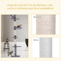 PawHut Árbol para Gatos de Suelo al Techo de 230-260 cm con Altura Ajustable Plataformas Hamaca y Postes de Sisal Gris(m-7)