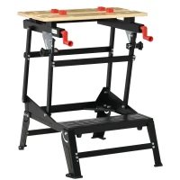 HOMCOM Banco da Lavoro Pieghevole con Altezza Regolabile, 4 Morsetti e Fori per Utensili, in Metallo e Bambù, 68x60x21-78cm, Nero(m-10)