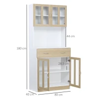 HOMCOM Küchenschrank Hochschrank Küchenbuffet mit Glastüren Geschirrschrank Esszimmerschrank mit 2 Schubladen und 2 Schränken Weiß+Natur 80 x 40 x 180 cm(m-3)