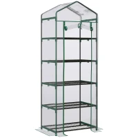 Outsunny 5 Tier Mini Greenhouse, Small Walk-in Greenhouse with Reinforced Plastic Cover, Garden Grow House with Roll Up Door and Shelves, 69 x 49 x 193cm, Green(m-1)