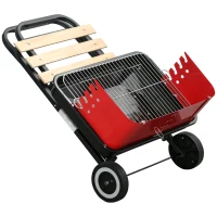 Outsunny Charcoal Trolley BBQ Barbecue Grill Patio Camping Picnic Garden Party Outdoor Cooking with Windshield and Wheels Side Trays, Black/Red(m-11)
