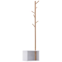 HOMCOM Garderobenständer Kleiderhaken Garderobe mit Sitzbank Stauraum Baum-Design Zweige 6 Haken Bambus Weiß Natur 40 x 30 x 180 cm(m-10)