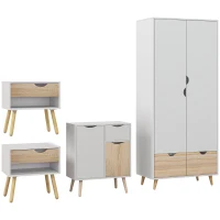 HOMCOM Bedroom Furniture Set, Wardrobe with Hanging Rail, Bedside Table, Floor Cabinet with Storage, Nature Wood Finish and White(m-11)