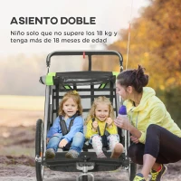 HOMCOM Remolque de Bicicleta para Niños +18 Meses 2 en 1 Cochecito de Paseo de 2 Plazas con Freno de Mano Cinturón de Seguridad Bandera y Reflectores 142x75x101 cm Verde(m-5)