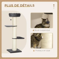 PawHut Arbre à chat griffoir sisal naturel 2 plateformes panier observation jeu boule suspendue peluche grise(m-5)