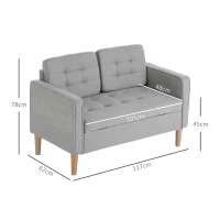 HOMCOM Zweisitzer-Sofa mit Stauraum, Knopfheftung, Kissen, Kautschukbaumholz, 117x62x78cm, Hellgrau(m-3)