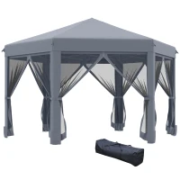 Outsunny 3.8m x 3.2m Pop Up Gazebo Hexagonal Canopy Tent Outdoor Sun Protection with 6 Mesh Sidewalls, Hand Bag, Grey(m-1)