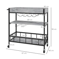 HOMCOM 3-Tier Kitchen Cart, Kitchen Island with Storage Shelves, Removable Tray, Wine Racks, Glass Holders, Faux Marbled Grey(m-3)