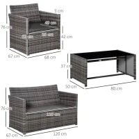 Outsunny Set 4 P.zi Mobili da Giardino in Rattan (PE), Salotto da Esterni con Tavolo, 2 Sedie, Divano due posti, Grigio(m-3)