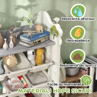AIYAPLAY Scaffale Portagiochi a 4 Livelli con 9 Contenitori e Gancio Laterale, in HDPE, 77x42x94 cm, Bianco Crema(m-6)
