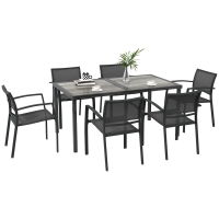 Outsunny Set da Giardino con 6 Sedie Impilabili in Tessuto a Rete e Tavolo Effetto Legno, Grigio