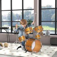AIYAPLAY Batería para Niños de +3 Años con Taburete Tambores Bombo Platillo Pedal y Baquetas 65x36x76 cm Dorado(m-2)