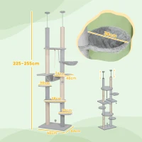PawHut Árbol para Gatos de Suelo a Techo 225-255 cm con Hamacas Plataformas Juguete de Cuerda Bola de Juguete Gris(m-3)