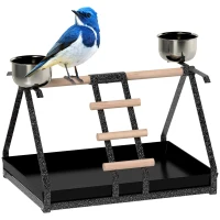 PawHut Parrot Stand Bird Stand w/Wood Perch Ladder Feeder Removable Tray(m-1)
