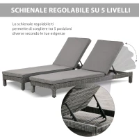 Outsunny Set 2 Sdraio da Giardino Cuscino Imbottito Regolabile su 6 Livelli in Rattan 196 x 65 x 22 cm, Grigio(m-5)
