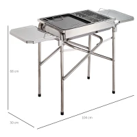 HOMCOM Barbecue à Charbon Portable BBQ Grill sur Pied dim. 104L x 30l x 68H cm Acier INOX.(m-3)