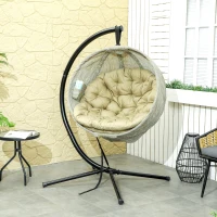 Outsunny Hanging Egg Chair Outdoor Indoor Garden Swing Chair with Folding Basket, Garden Hanging Chair with Stand, Thickened Cushion, Cup Holder for Patio, Balcony, Khaki(m-2)