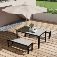 Outsunny Terrassenmöbel-Set, 3-teilig, 2 Bänke & 1 Tisch, Metallrahmen, Holzoptik, Grau(m-2)