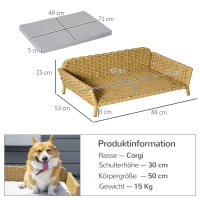 PawHut Rattan Hundesofa Hundekorb Hundebett mit Kissen Katzenbett Katzensofa Geflochtenes Haustiersofa für kleine und mittelgroße Hunde erhöhtes Design wetterbeständig Gelb 84 x 53 x 25 cm(m-3)