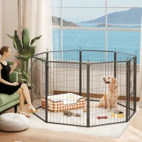 PawHut Eight-Panel Dog Playpen with Door, for Large Dogs, Indoors, Outdoors, 100cm Tall, Black(m-10)