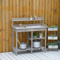 Outsunny Pflanztisch Gärtnertisch Blumentisch mit Wanne Garten Tannenholz Grau 117 x 45 x 121 cm(m-2)