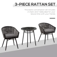 Outsunny 3 Pieces Rattan Bistro Set, Wicker Garden Furniture Set with Round Glass Top Coffee Table and Chairs, Washable Cushions for Outdoor, Patio, Balcony, Grey(m-5)