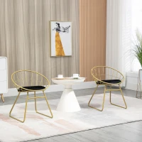 HOMCOM Modern Dining Chairs Set of 2, Metal Wire Kitchen Chair with Velvet-feel Cushion, Round Back and Steel Frame for Living Room, Bedroom, Gold(m-2)