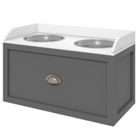 PawHut Gamelle double chien chat - porte-gamelles surélevé rangement 2 en 1 - tiroir, 2 gamelles - acier inox. MDF blanc gris