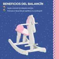 HOMCOM Caballito Balancín para Niños de 1-3 Años de Madera con Manillar y Pedales Carga 50 kg 68x27x46,5cm Blanco y Rosa(m-4)