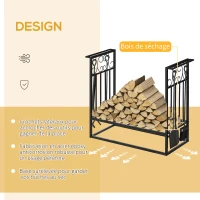 HOMCOM Porte-bûches range bûches étagère à bois de cheminée serviteur de cheminée multi-accessoires dim. 75L x 30l x 60H cm acier noir(m-5)