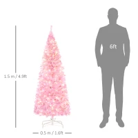HOMCOM 5FT Tall Prelit Pencil Slim Artificial Christmas Tree with Realistic Branches, Warm White LED Lights and 408 Tips, Xmas Decoration, Pink(m-3)