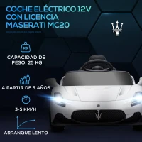 AIYAPLAY Coche Eléctrico para Niños con Licencia Maserati MC20 con Batería 12V Mando a Distancia Faros Bocina Música Blanco(m-4)
