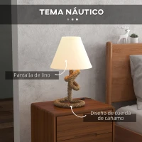 HOMCOM Lámpara de Mesa LED con Base de Metal Cuerda de Lino y Pantalla de Tela Max.40W Ø28x45,5 cm Marrón y Beige(m-4)