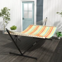 Outsunny Outdoor Garden Hammock with Stand, Double Cotton Hammock with Adjustable Steel Frame, Swing Hanging Bed with Pillow, for Garden, Patio, Beach, Red Stripes(m-10)