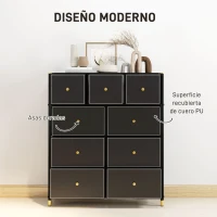 HOMCOM Cajonera de Tela con 9 Cajones Plegables con Frentes de Cuero PU y Marco de Acero Cajonera para Dormitorio Salón Negro(m-5)