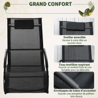 Outsunny Chaise longue à bascule rocking chair ergonomique avec tétière accoudoirs métal galvanisé textilène dim. 63l x 160P x 88H cm noir(m-5)