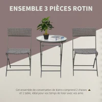 Outsunny Ensemble salon de jardin 2 places table ronde pliable plateau verre trempé chaises pliantes résine tressée chocolat(m-5)