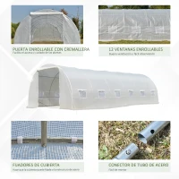 Outsunny Invernadero de Exterior Invernadero de Túnel 8x3x2 m Invernadero de Jardín con 12 Ventanas y Puerta Enrollable para Cultivo Plantas Tomates Verduras Acero y PE 140 g/m² Blanco(m-5)