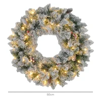 HOMCOM Weihnachtskranz mit LED-Beleuchtung, roten Beeren, realistisches Aussehen, Ø60 x 10 cm, Grün(m-3)