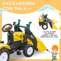 HOMCOM Tractor a Pedales para Niños de 3 Años Excavadora Infantil con Remolque Extraíble y Pala Delantera 167x41x52 cm Amarillo(m-4)