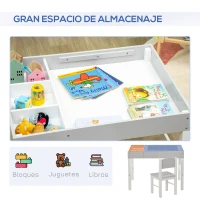 HOMCOM Mesa y Silla Infantil de Madera con Tablero Extraíble Mesa de Bloques de Construcción para+18m 80x60x57,5 cm Gris(m-5)