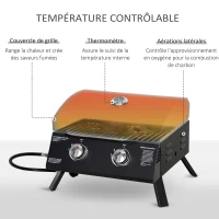 Barbecue gaz de Table transportable Pieds Pliables - 2 brûleurs 5 KW - Barbecue gaz de Camping - Grille de Cuisson, réceptacle Graisse, thermomètre - Acier de Qualité Alimentaire Noir(m-4)