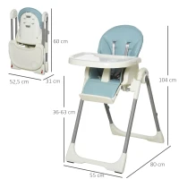 HOMCOM Trona para Bebé Evolutiva Ajustable y Plegable con Doble Bandeja Trona Portátil de +6 Meses Reclinable con 2 Ruedas y Frenos 55x80x104 cm Azul(m-3)