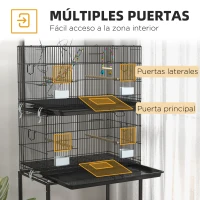 PawHut Pajarera Doble Apilable 77x46x164 cm con Ruedas Perchas Bandeja Extraíble Columpio y Escalera Negro(m-5)