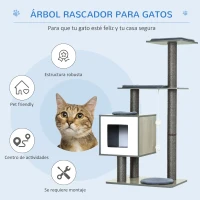 PawHut Árbol Rascador para Gatos de Madera 71,5x49,5x120 cm Torre de Gato con Cueva Plataformas Postes Rascadores Cojines Gris(m-5)