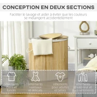 HOMCOM Panier à linge en bambou 100L avec 2 sections couvercle et sac amovible 62,5 x 37 x 60,5 cm - naturel(m-6)